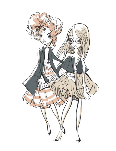 可爱的卡通女孩素描。图片下载