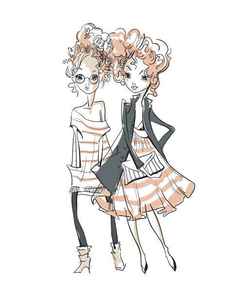 可爱的卡通女孩素描。图片下载