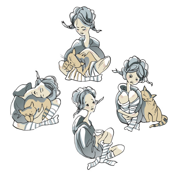 可爱的卡通女孩和一只猫的素描。图片下载