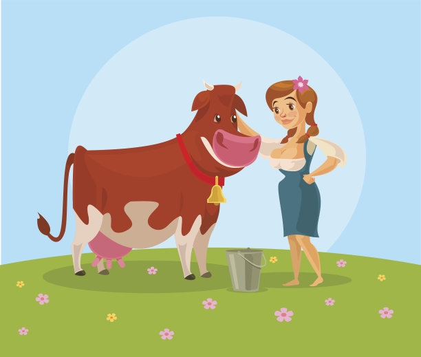 奶牛挤奶女工。矢量平面插图图片下载