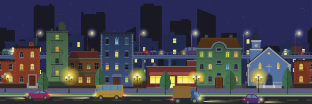 宽屏城市景观在晚上的平坦风格图片下载