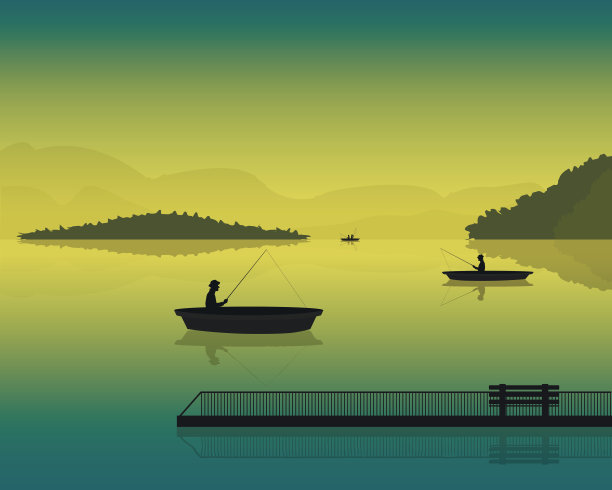 风景与渔民在一艘船的剪影图片下载