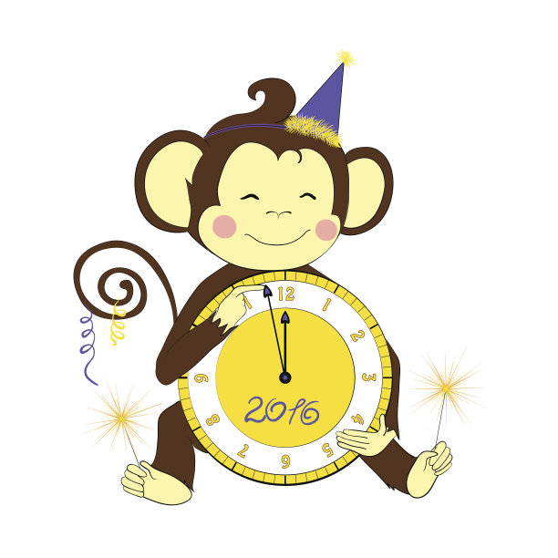 新年。小猴子拿着钟和烟花。图片下载