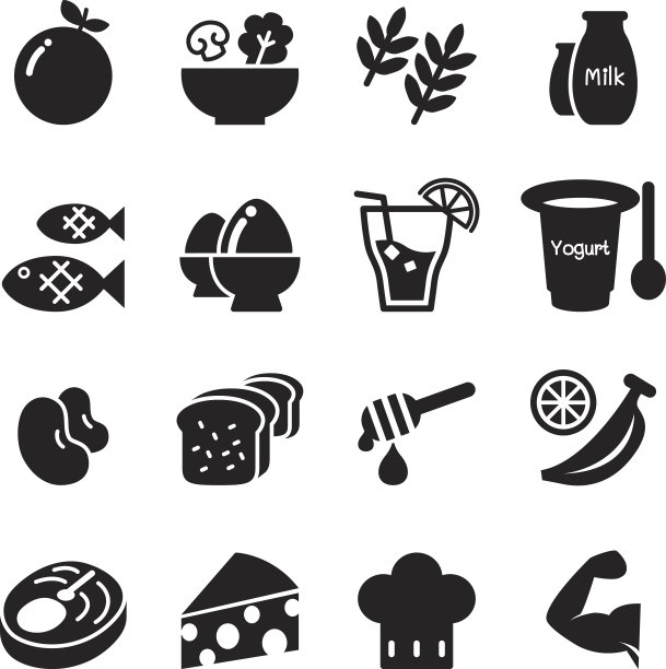 健康食物和饮食食物图标设置矢量图片下载