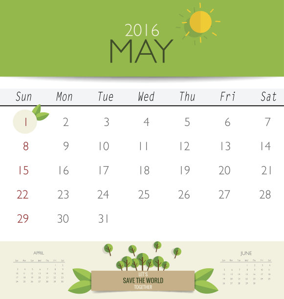 2016年日历，月历模板为5月。图片下载