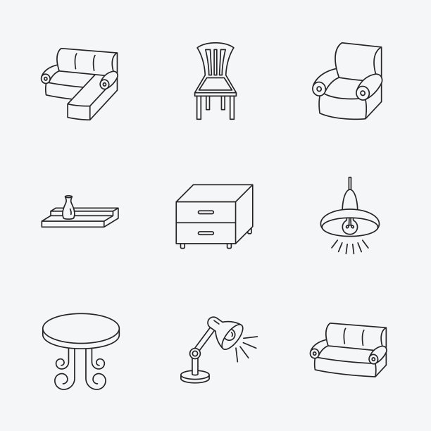 角落沙发，桌子和扶手椅图标。图片下载