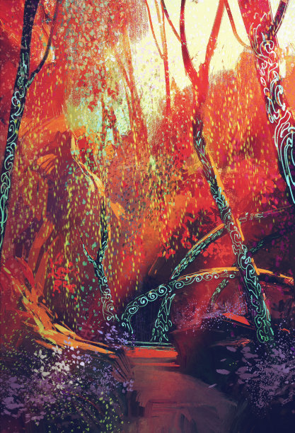 五颜六色的秋天森林与幻想的树木素材图片