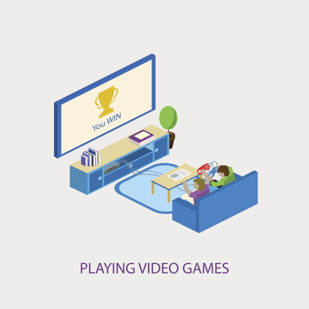 两个孩子一起玩电子游戏。向量illusytration图片下载