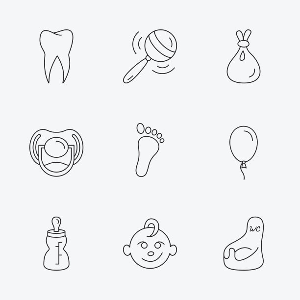 奶嘴，男婴和奶瓶图标。牙齿的迹象。图片下载