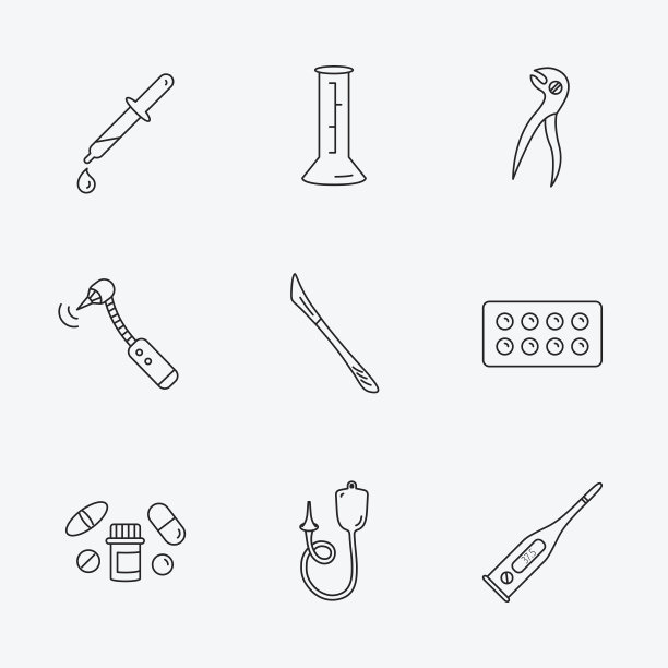 温度计、药片和牙钳的图标。图片下载