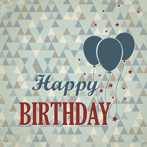 红色和蓝色复古三角形气球生日贺卡图片下载