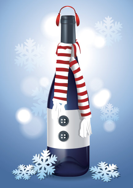 矢量圣诞酒瓶与耳机，围巾和雪花图片下载