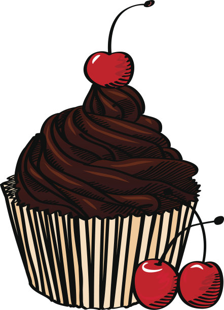 樱桃巧克力纸杯蛋糕，白色背景，矢量插图图片下载