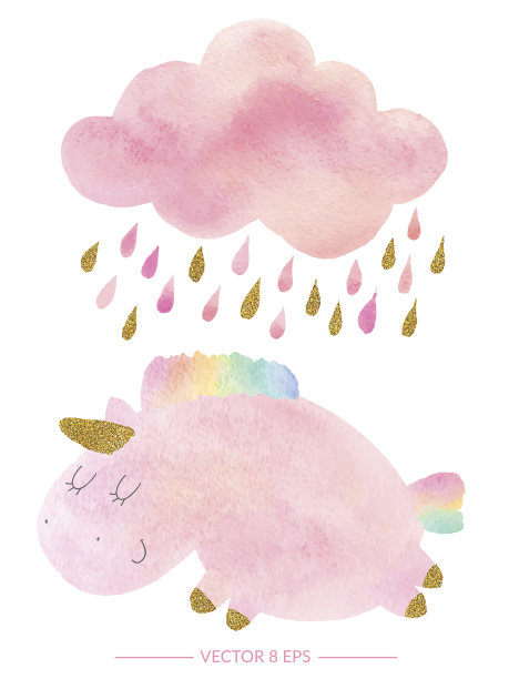 水彩独角兽和云与雨素材图片