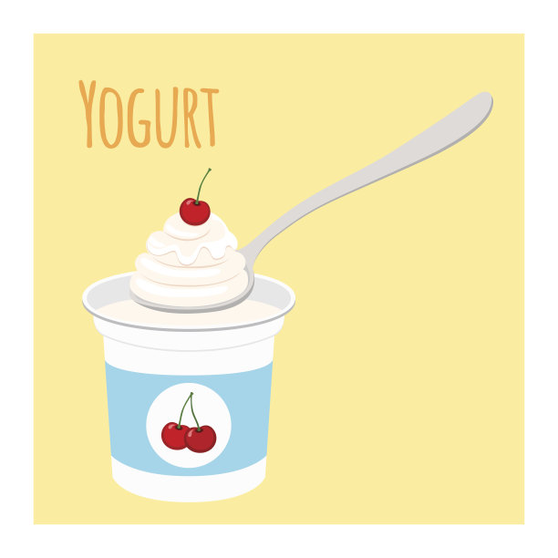 塑料杯里的樱桃酸奶。牛奶奶油产品。平的风格。图片下载
