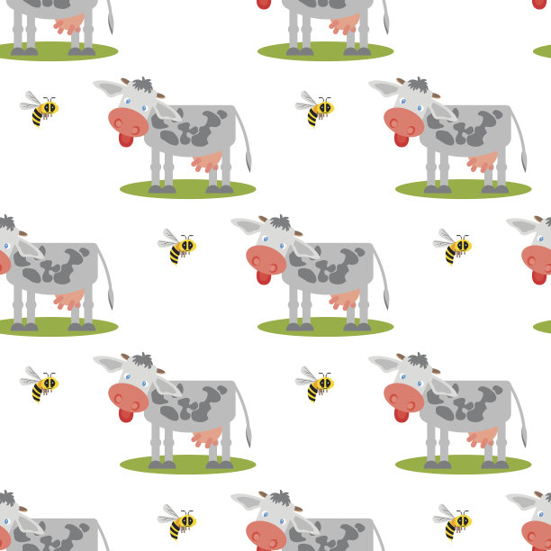 无缝模式与奶牛和蜜蜂。图片下载