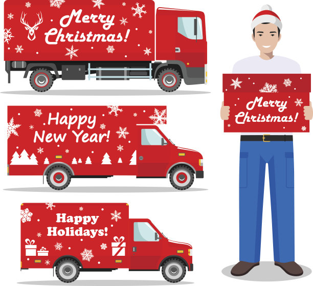一套送货卡车和送货员的详细说明。向量。图片下载