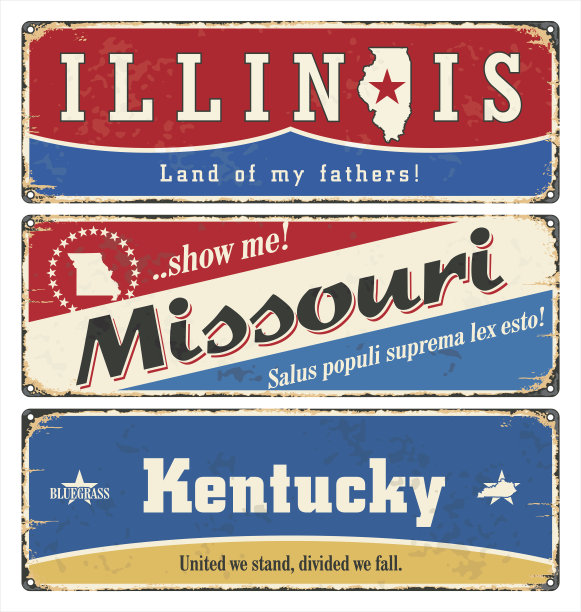 古锡与美国州签署。伊利诺斯州。密苏里州。复古。生锈。图片下载