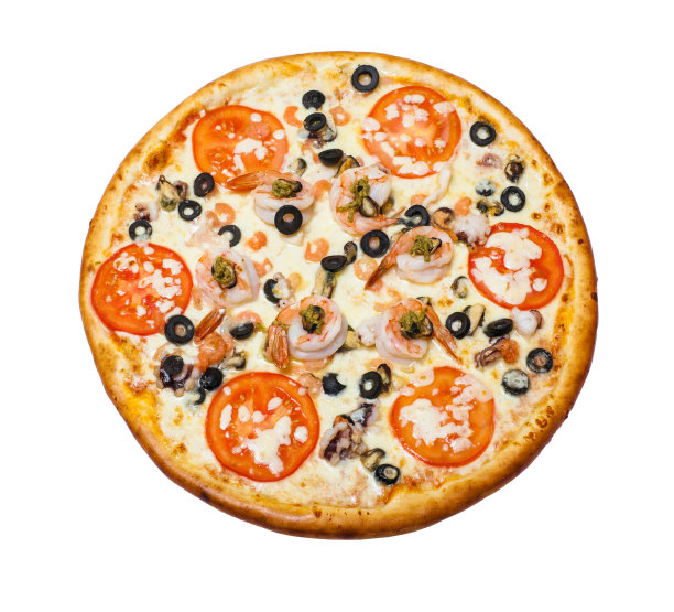 传统的意大利食物:白色背景上孤立的海鲜披萨图片下载