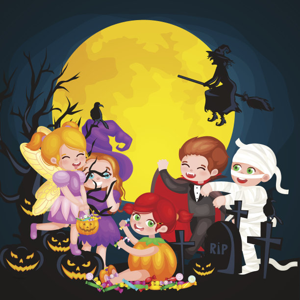 可爱的彩色万圣节的孩子在服装为派对设置孤立图片下载