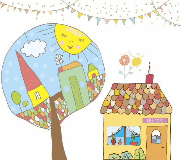 贺卡或请帖上有房子、树木、彩旗图片下载