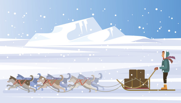 马舍和狗雪橇队。矢量平面插图图片下载