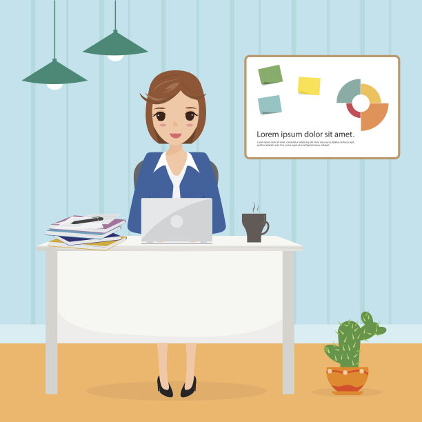 在办公室工作的女商人。人性格的工作。图片下载