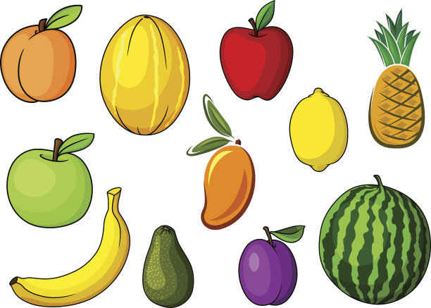 农场五颜六色的甜水果卡通风格图片下载