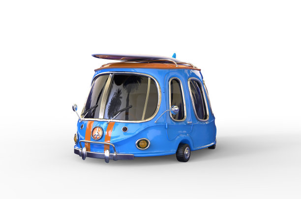 3D彩色家庭旅行有趣的卡通嬉皮士车图片下载