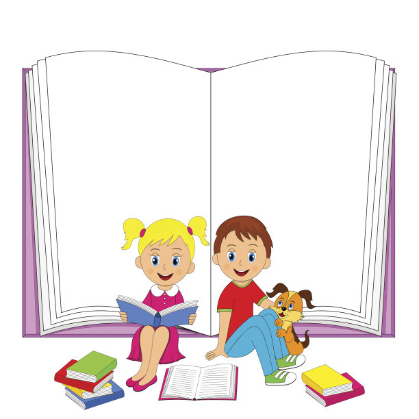 孩子，男孩，女孩和狗与书图片下载