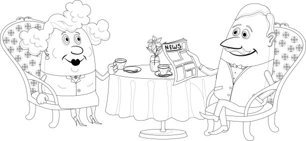 老绅士和女士喝咖啡轮廓图图片下载