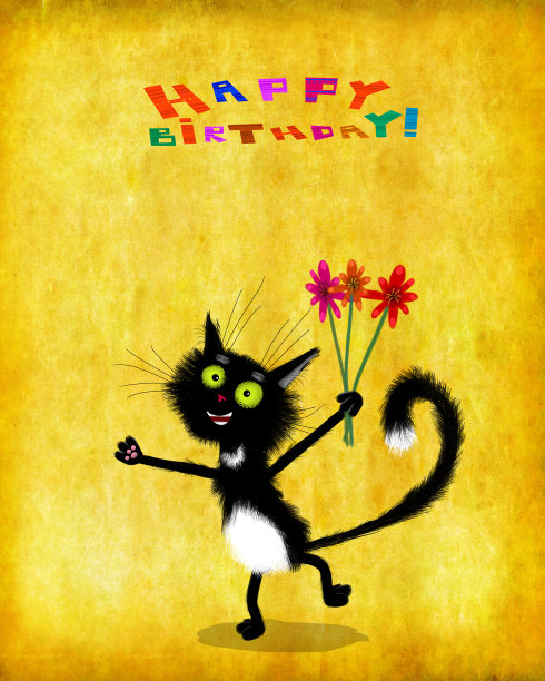 生日卡片猫与黄色的眼睛和花图片下载