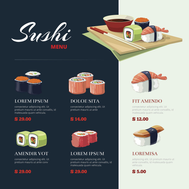 寿司卷扁平的食物。亚洲菜菜单图片下载