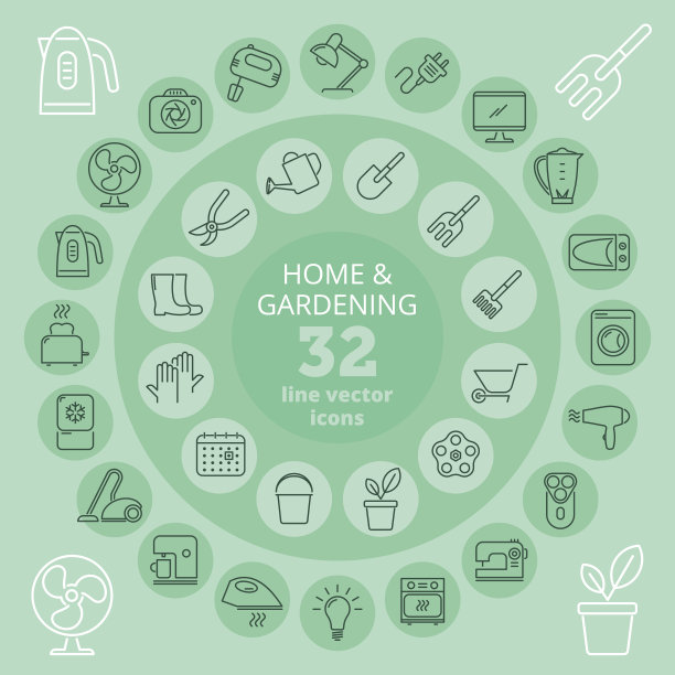 家庭和园艺细线矢量图标设置图片下载
