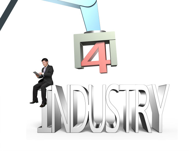 工业4.0概念，人用平板控制机器人手臂图片下载