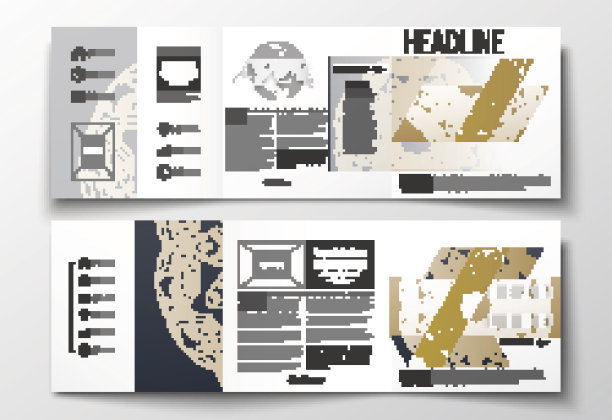 一套三折宣传册，方形设计模板。金色的微芯片图片下载