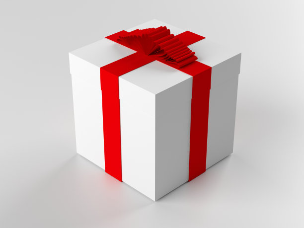 白盒子上系着红丝带。三维渲染图片下载
