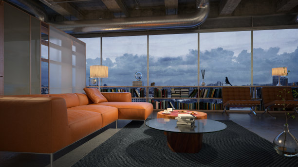 现代客厅与惊人的夜景图片下载