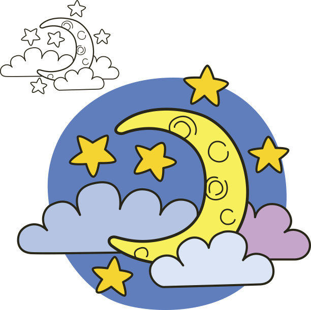 有星星和云彩的月亮。彩色书页面图片下载