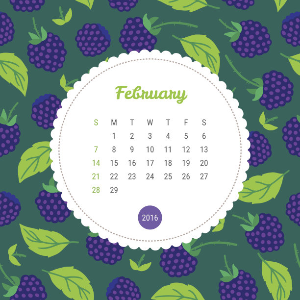 日历模板2016与黑莓。2月图片下载