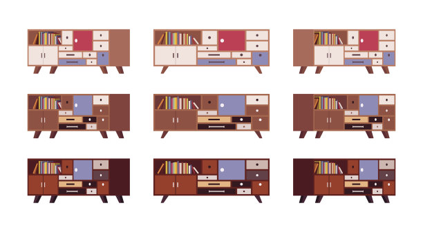 一套复古的餐具柜与抽屉和书架图片下载