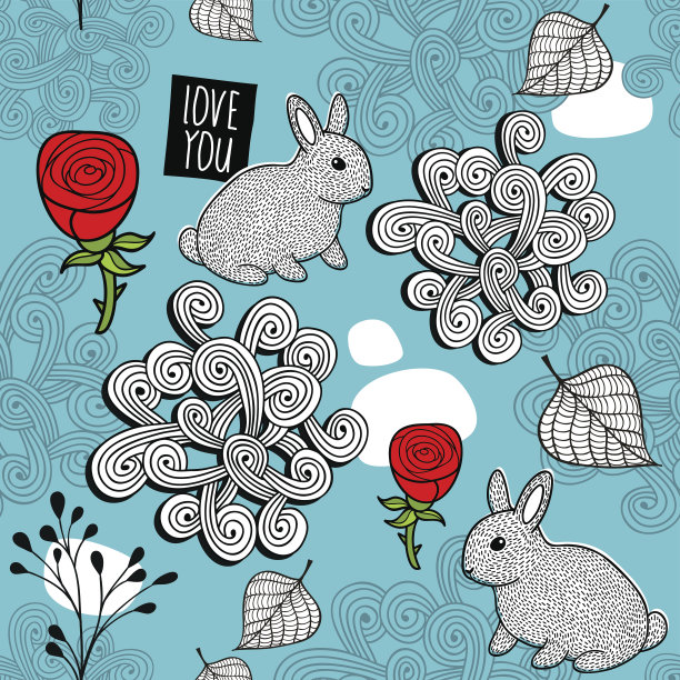 可爱的兔子和红玫瑰的浪漫无缝图案。图片下载