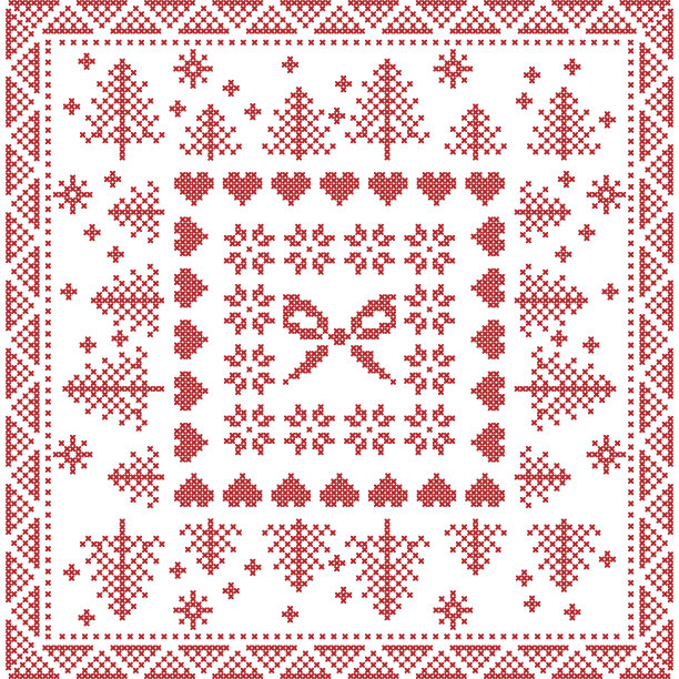 北欧图案包括雪花、彩带、圣诞树、雪花、心形、装饰品图片下载