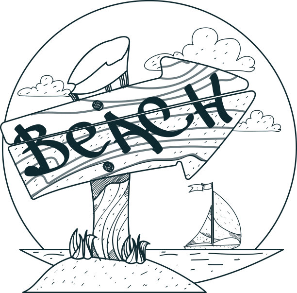 木牌上有沙滩题字。画上色的大纲。图片下载