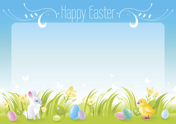 复活节横幅边界。兔子,鸡,鸡蛋。春天的大自然。矢量图图片下载
