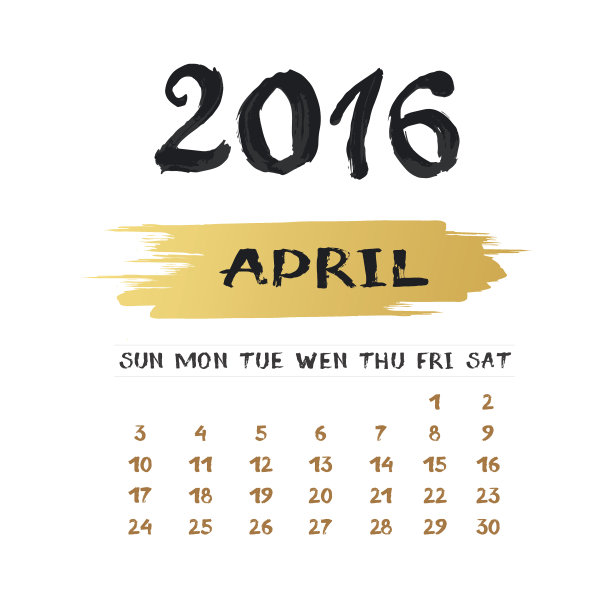 2016年4月矢量日历。手绘的数字和字母图片下载