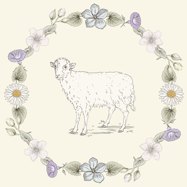 花框架和绵羊复古雕刻风格图片下载