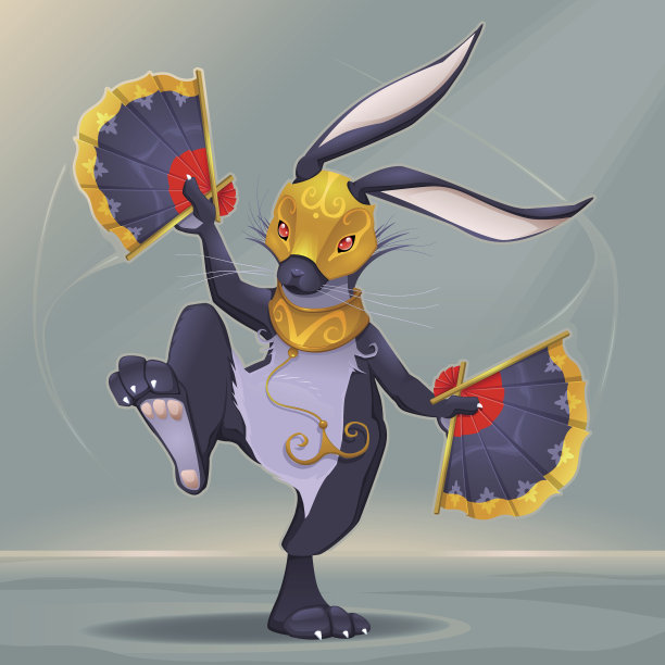 神秘的兔子手里拿着扇子跳舞。素材图片