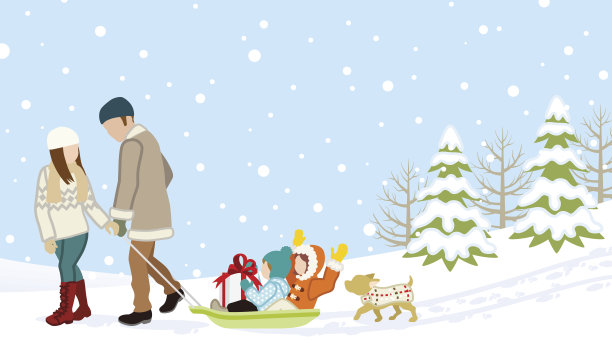 冬天的家庭-父母抱着孩子坐雪橇素材图片