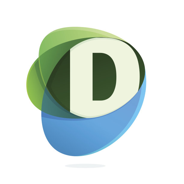 带有绿色叶子和蓝色水滴的D字母。图片下载